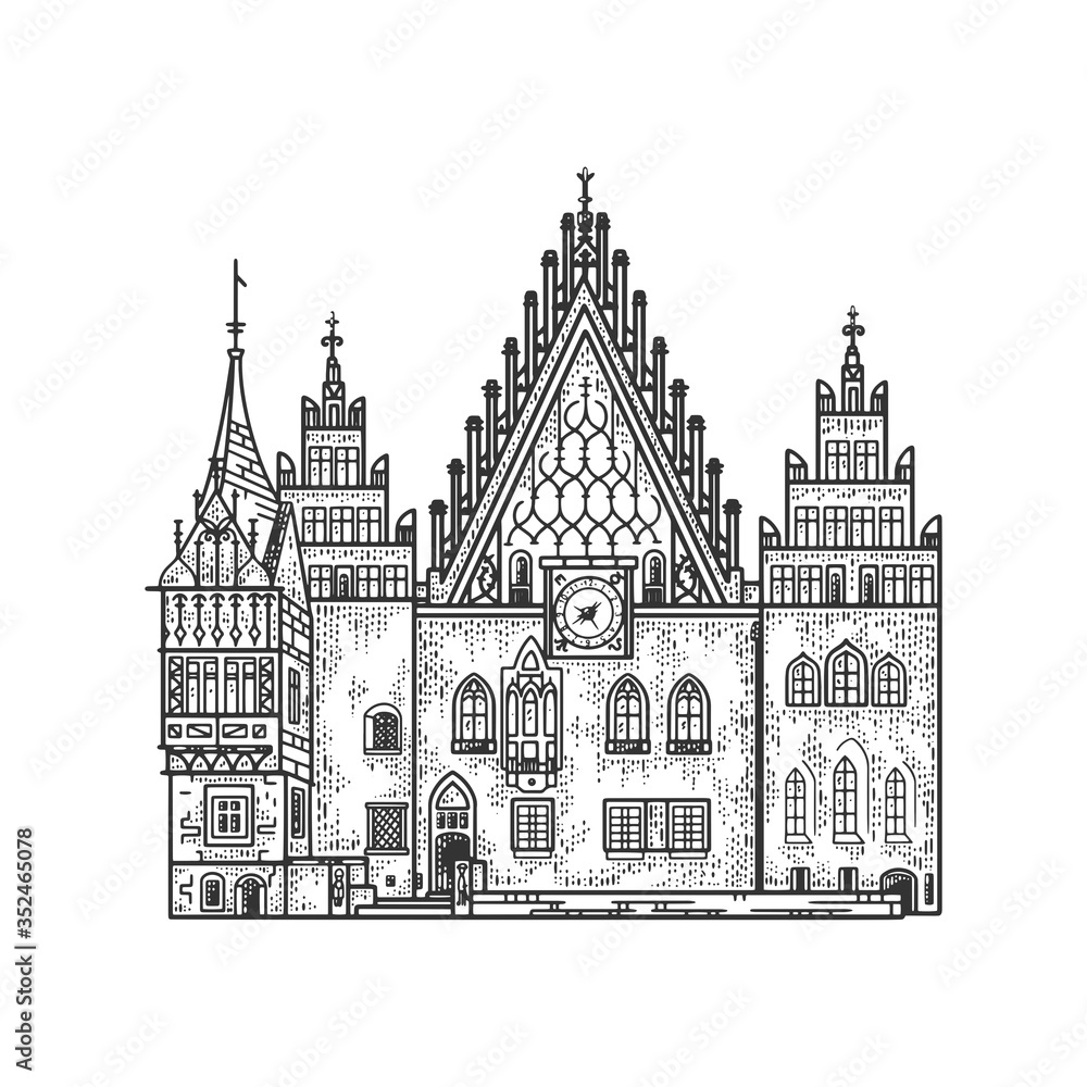Wroclaw Old Town Hall building sketch engraving vector illustration. T-shirt apparel print design. Scratch board imitation. Black and white hand drawn image.