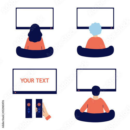 People of different ages stay at home, watch TV. Young, senior, elderly man, woman. Watching news, mass media concept. Empty TV frame for text. TV remote control in hand. Back view. Vector set