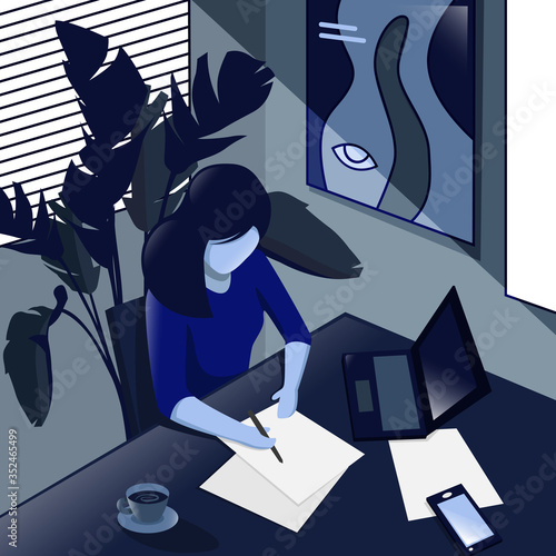 A girl is working hard in flat design