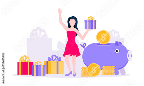 Earn points business concept flat style design vector illustration. Loyalty reward points for purchase cashback program. Earn and get bonus signs. Happy woman standing near gift boxes and piggy bank.