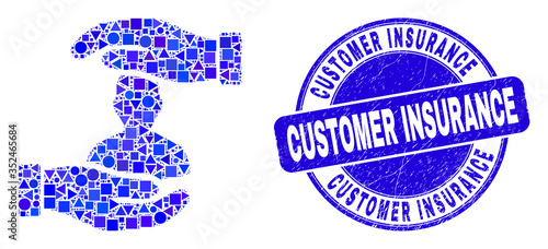Geometric customer care hands mosaic icon and Customer Insurance seal stamp. Blue vector round textured seal stamp with Customer Insurance phrase.
