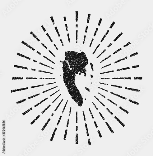 Vintage map of Ko Lanta. Grunge sunburst around the island. Black Ko Lanta shape with sun rays on white background. Vector illustration.