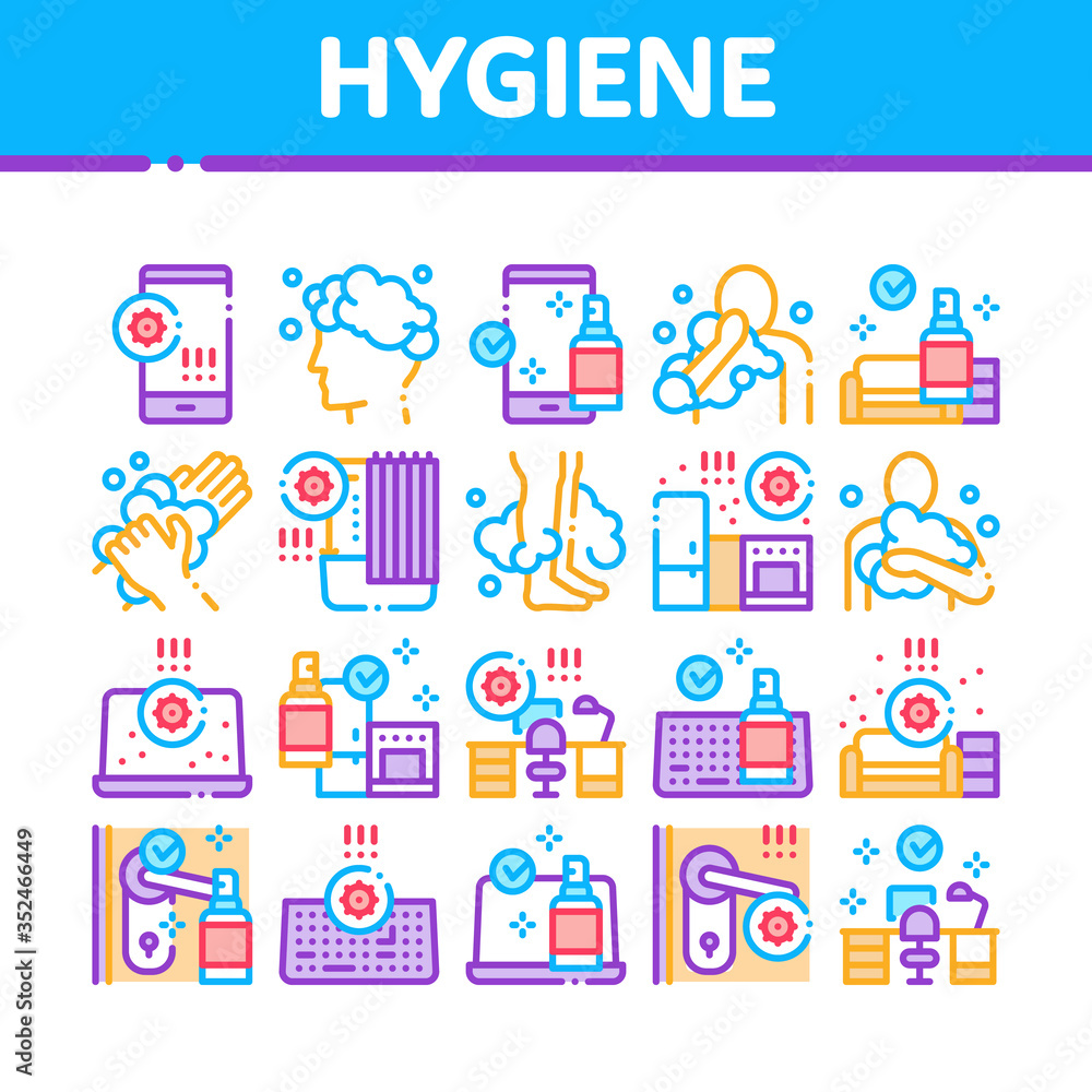 Hygiene And Healthcare Collection Icons Set Vector. Cleaning Mobile Phone And Handle Sanitized Antiseptic, Wash Hand, Head And Body Hygiene Concept Linear Pictograms. Color Illustrations Hygiene And Healthcare Collection Icons Set Vector. Cleaning Mobile Phone And Handle Sanitized Antiseptic, Wash Hand, Head And Body Hygiene Concept Linear Pictograms. Color Illustrations
