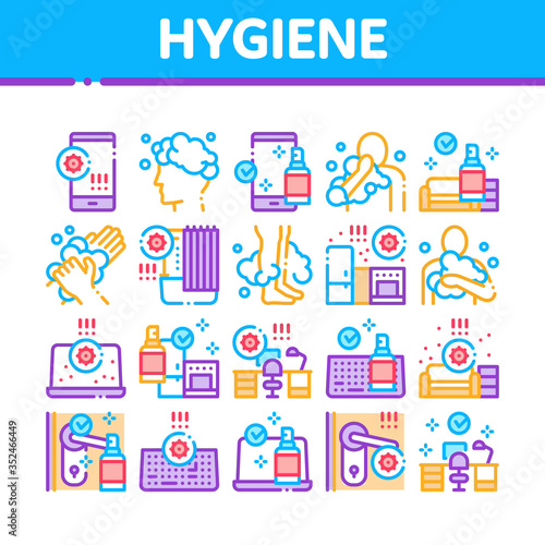 Hygiene And Healthcare Collection Icons Set Vector. Cleaning Mobile Phone And Handle Sanitized Antiseptic, Wash Hand, Head And Body Hygiene Concept Linear Pictograms. Color Illustrations