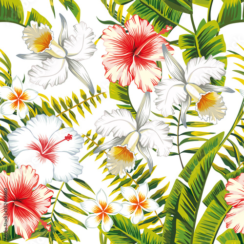 Tropic summer flower hibiscus, lily and orchid Seamless vector pattern with palm banana leaf and plants. Composition with flower jungle background. Hand drawn fashion bunch exotic flower wallpaper.