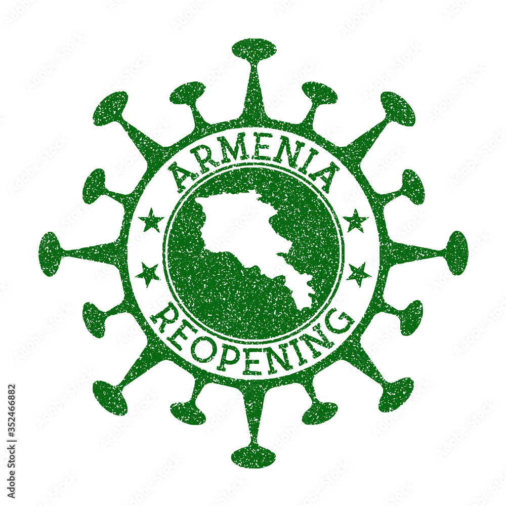 Armenia Reopening Stamp. Green round badge of country with map of Armenia. Country opening after lockdown. Vector illustration.