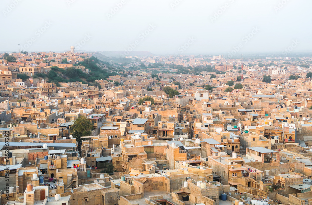 JAISLMER, INDIA - February 23 2020: Cityscape aerial view  of Jaisalmer Golden city and desert state, Rajasthan, Western India