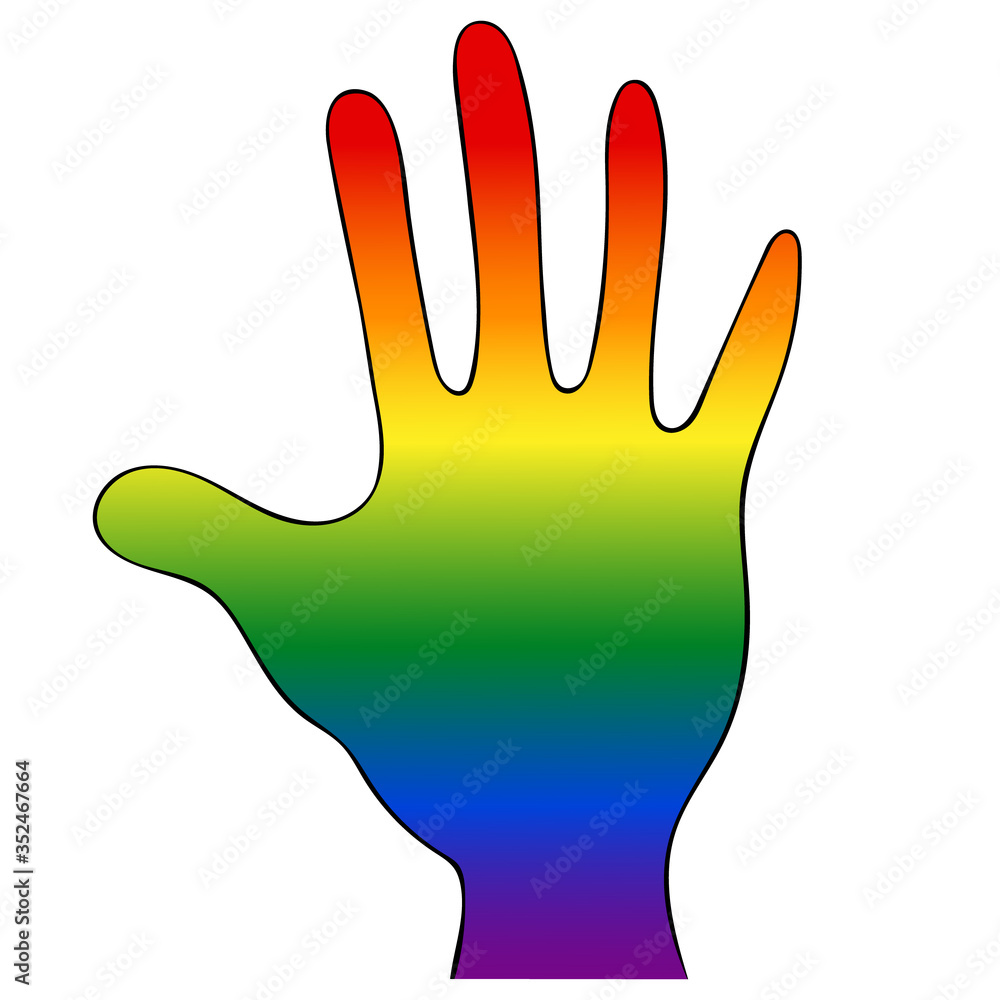 Obraz premium Palm with LGBT rainbow flag symbols. Vector illustration. Hand on an isolated white background contains six colors. The personification of pride and openness. International symbol. 