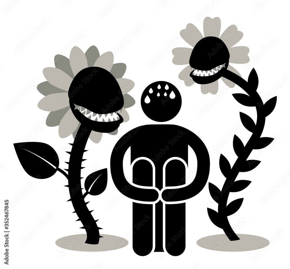 Anthophobia, Botanophobia. Fear of flowers phobia. Silhouette Afraided ...