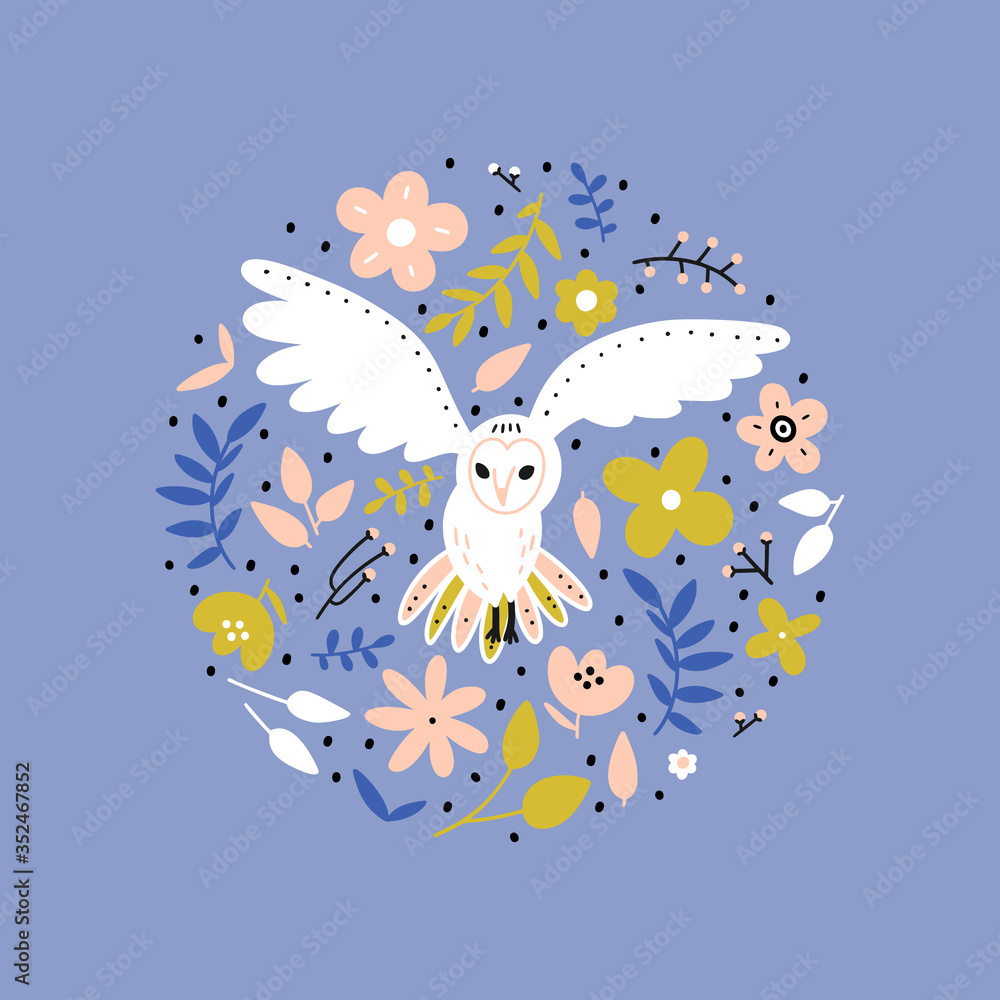 Round composition with owl and flowers