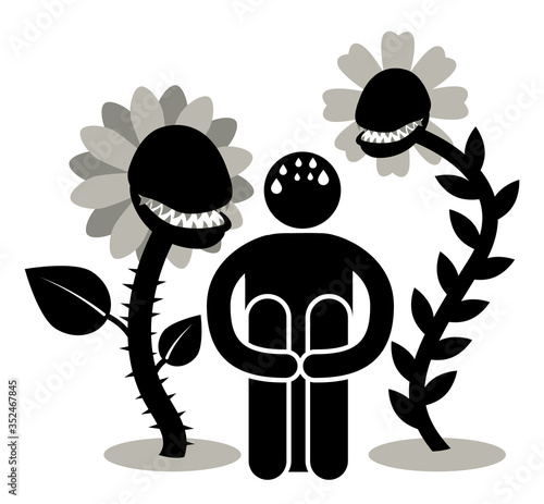 Anthophobia, Botanophobia. Fear of flowers phobia. Silhouette Afraided man. Can be used as logo, icon, sticker, sign, etc.