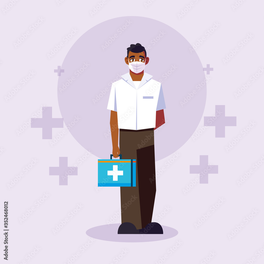Man doctor with uniform and mask in front of crosses vector design Man doctor with uniform and mask in front of crosses vector design
