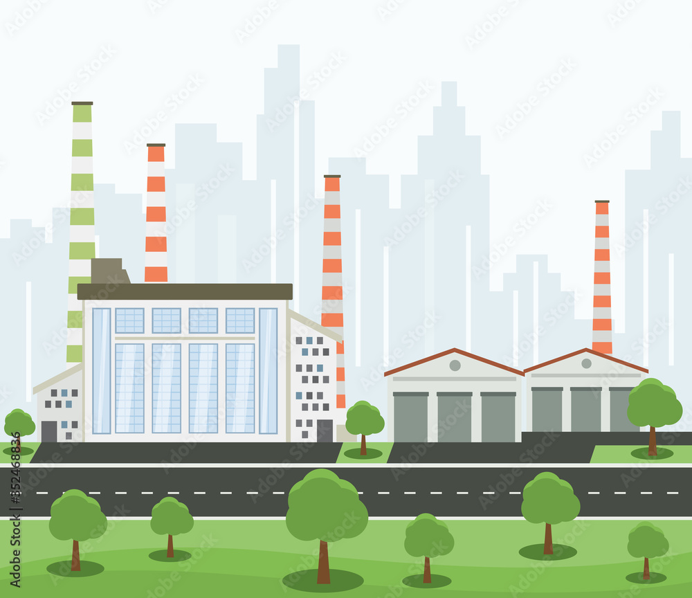 Industrial buildings and Warehouse and skyscrapers at background - vector illustration