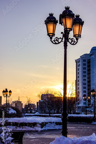 Street light. Street lighting. Sunset in the city.