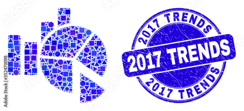 Geometric statistics charts mosaic pictogram and 2017 Trends seal. Blue vector round scratched seal with 2017 Trends title. Abstract mosaic of statistics charts made of sphere, triangles,