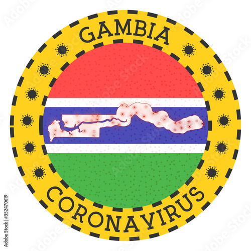 Coronavirus in Gambia sign. Round badge with shape of Gambia. Yellow country lockdown emblem with title and virus signs. Vector illustration.