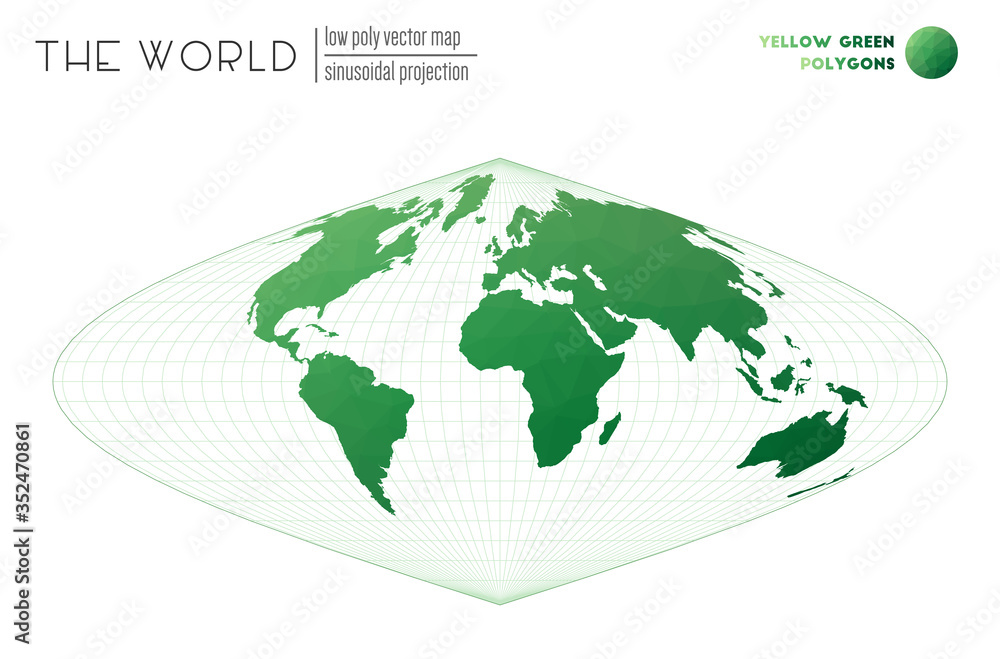 Abstract world map. Sinusoidal projection of the world. Yellow-green colored polygons. Contemporary vector illustration. Abstract world map. Sinusoidal projection of the world. Yellow-green colored polygons. Contemporary vector illustration.