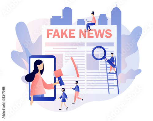 Fake news. Tiny people read newspaper and watching news in mobile app. Mass media, hot online information, propaganda newscast. Modern flat cartoon style. Vector illustration on white background