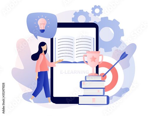 Self-learning, online education, e-book, distance e-learning. Skill improvement. Self development concept. Goal achieving. Modern flat cartoon style. Vector illustration on white background