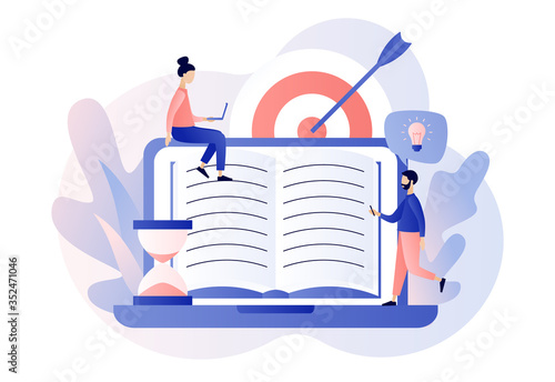 Self-learning, online education, e-book, distance e-learning. Self development concept.  Goal achieving. Skill improvement.Modern flat cartoon style. Vector illustration on white background