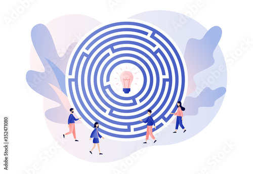 Business maze concept. Business metaphor. Tiny people looking for a way to reach the idea through the labyrinth. Modern flat cartoon style. Vector illustration on white background