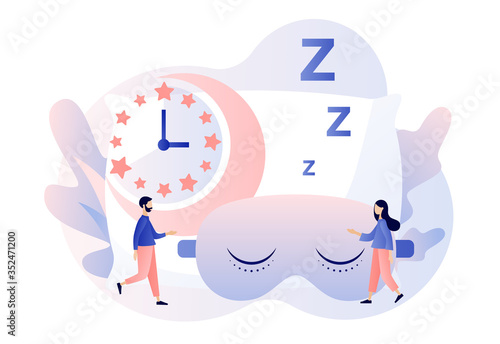Sleep time. Sweet dreams. Good health and work of biological rhythms. Tiny people getting ready for sleep. Modern flat cartoon style. Vector illustration on white background