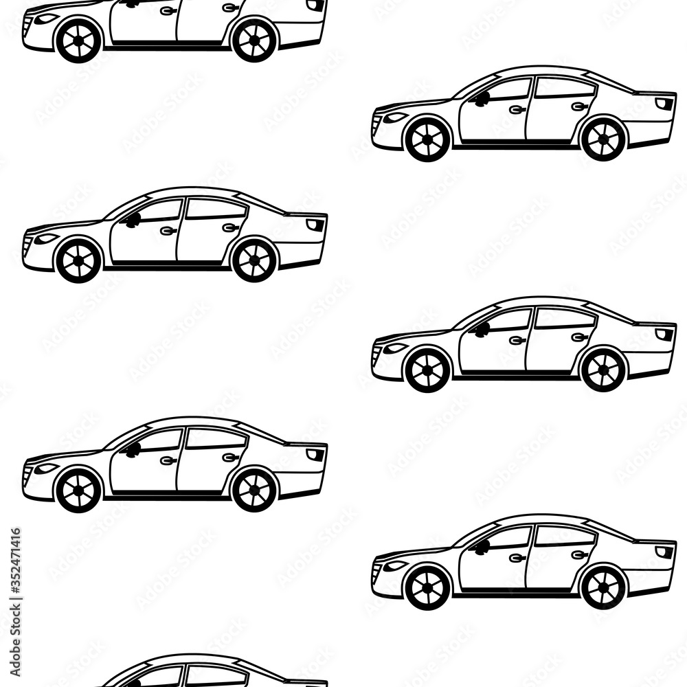 Seamless pattern with colored cars. Fashionable men's print. Raster hand drawn illustration.
