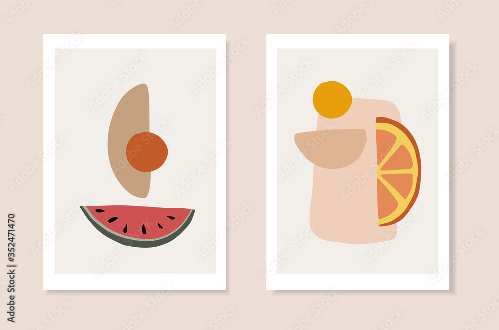Set of summer artistic greeting cards, invitations. Cut watermelon, orange citrus fruit and abstract geometric shapes. Modern minimalist vector drawing, web banners. Exotic posters, wall art, brochure