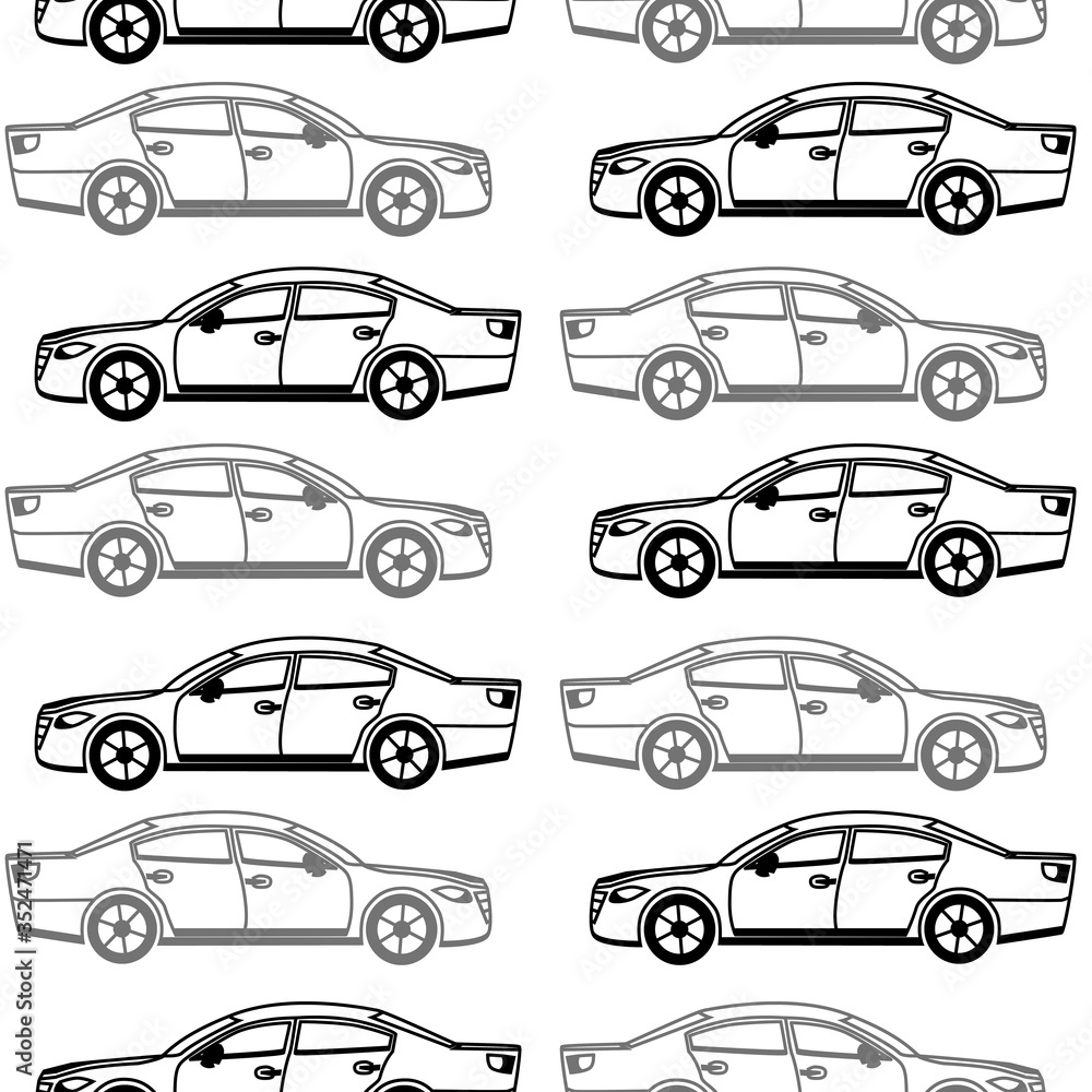 Seamless pattern with colored cars. Fashionable children's print. Raster hand drawn illustration.