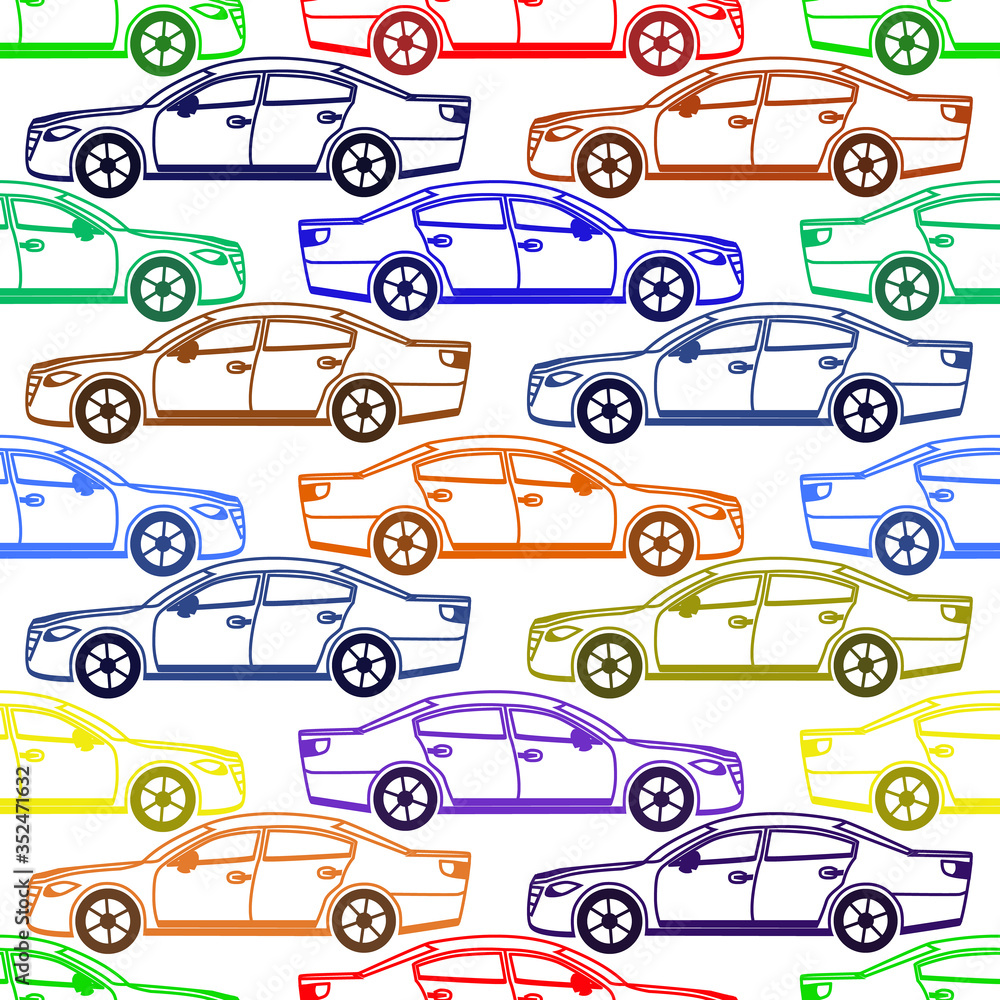 Naklejka premium Seamless pattern with colored cars. Fashionable children's print. Raster hand drawn illustration.