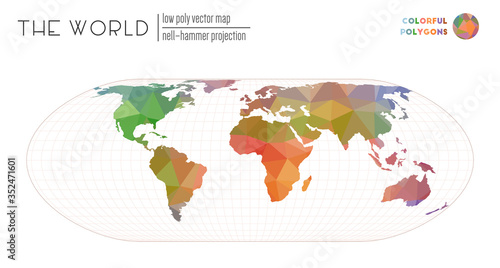 Low poly design of the world. Nell-Hammer projection of the world. Colorful colored polygons. Trending vector illustration.