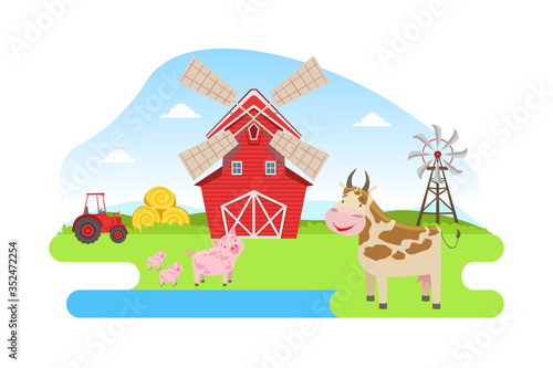Farm Animals, Red Barn and Windmill on Beautiful Summer Rural Landscape Cartoon Vector Illustration