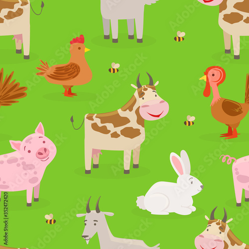 Seamless Pattern of Cute Farm Animals on Green Meadow, Design Element Can Be Used for Fabric, Wallpaper, Website, Background Vector Illustration