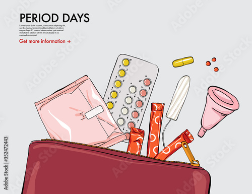Oral contraceptive, tampons, pads, cup, pillls in beauty purse, pperiod illustration. Menstruation cycle woman medical art. Hand-drawn vector treatment design, monthly cycle drugs