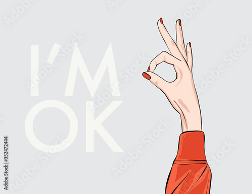 Fine, I'm ok hand ring  sign. Positive gesturing argeement illustration. Positive Connection expression symbol, fashion and beauty hand-drawn vector design.