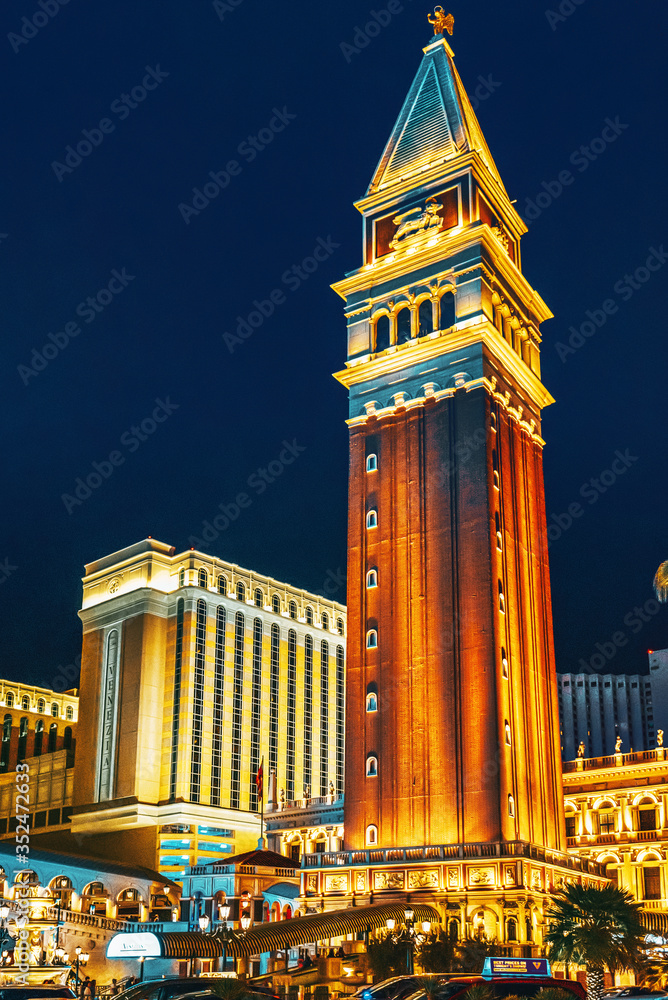Main street of Las Vegas-is the Strip in evening time. Casino, hotel and resort- Venetian.