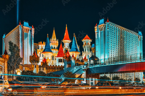 Main street of Las Vegas-is the Strip in evening time. Casino, hotel and resort-Exalibur.