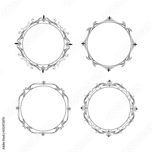 Calligraphic round frames set. Hand drawn vintage borders.  Vector isolated classic wedding invitation card decor.