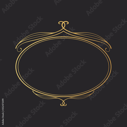 Hand drawn golden elegant oval frame. Royal vintage round border.  Vector isolated swirl monogram. Classic wedding invitation template.