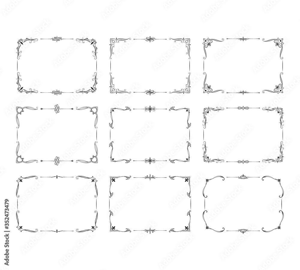 Vintage square frames set. Ornate filigree borders. Vector isolated swirl decor. Royal wedding invitation card templates.