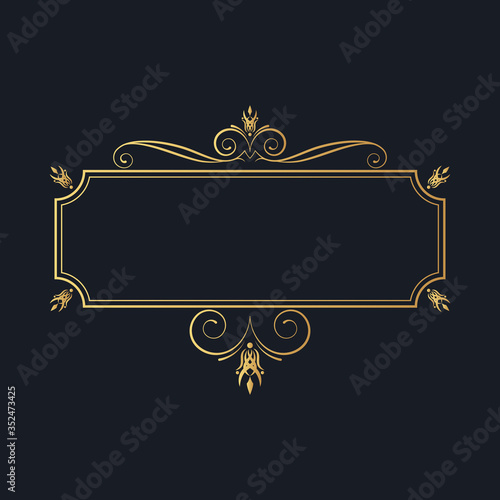Gold elegant rectangular frame. Golden vintage borders. Wedding invitation template.