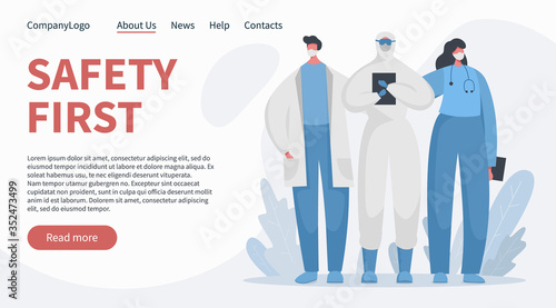 Flat vector banner landing concept with brave doctors and nurses in special isolated protected uniform. Safety first slogan. Frontline of fighting with covid 19 pandemic and illness.