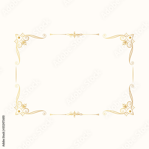 Hand drawn golden vintage rectangular frame. Royal border. Vector isolated gold vignette invitation. Classic wedding template with elegant elements.