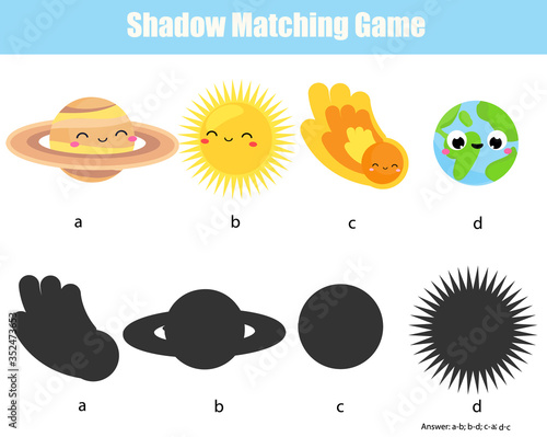 Shadow matching game. Match planet with silhouette. Learn space solar system for toddlers