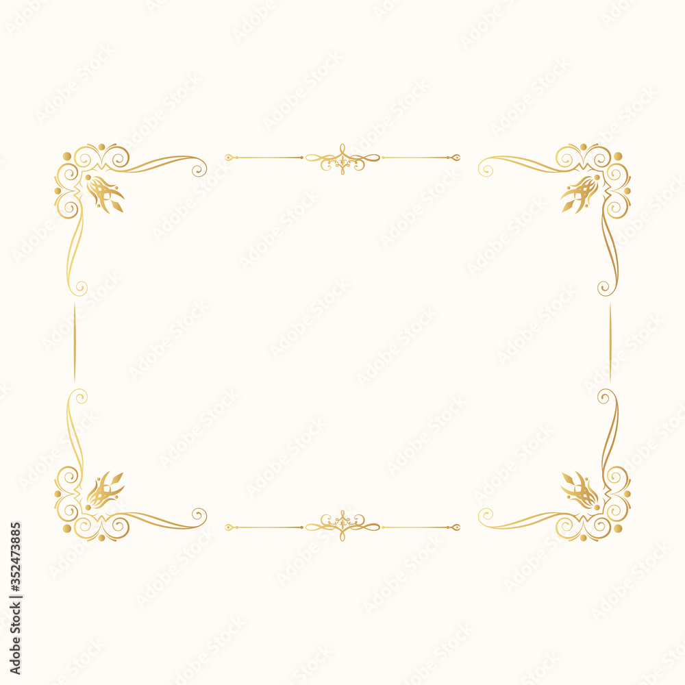 Hand drawn vintage rectangular gold royal frame. Antique golden border.  Vector isolated classic wedding invitation card template.