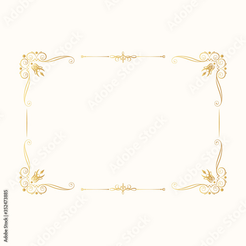 Hand drawn vintage rectangular gold royal frame. Antique golden border. Vector isolated classic wedding invitation card template.