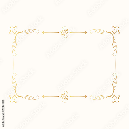 Hand drawn ornate filigree gold border. Vintage royal golden frame. Vector isolated swirl decor. Royal wedding invitation card template.