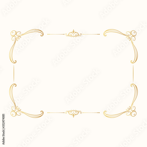 Hand drawn golden rectangular frame. Gold elegant border. Vector isolated vintage invitation ornament. Classic royal wedding template.