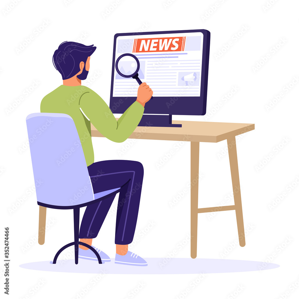 Breaking news concept. Man reading news with a magnifying glass using computer. Vector illustration on white background.