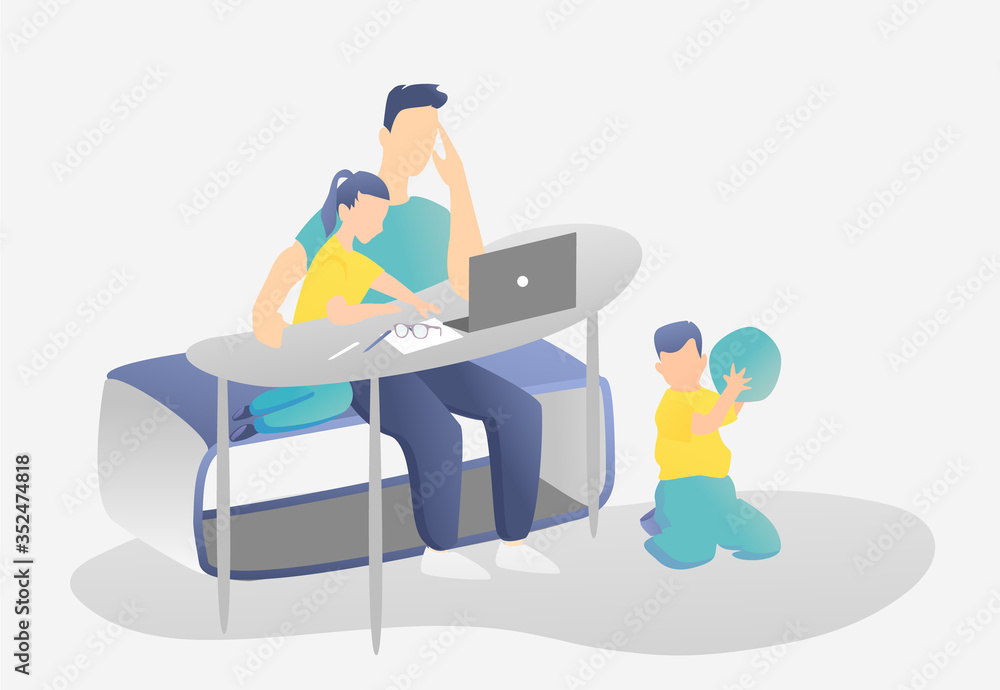 Work at home. Father works at the computer when Children distracting games. Freelance or study concept.Vector illustration isolated on light gray- blue yellow.